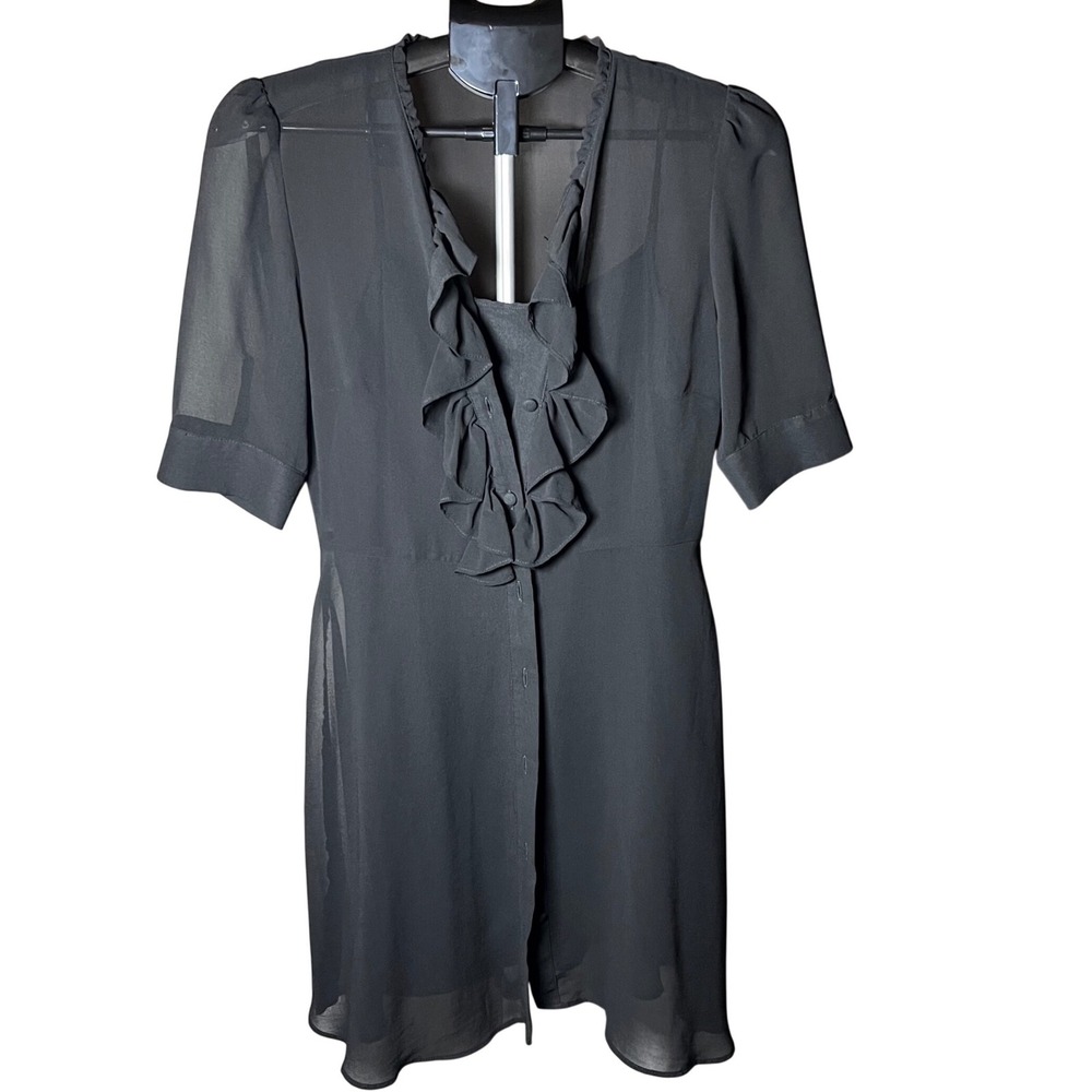 Zara Black Sheer Ruffle V-Neck Mini Dress with Slip Size S Short Sleeve Button